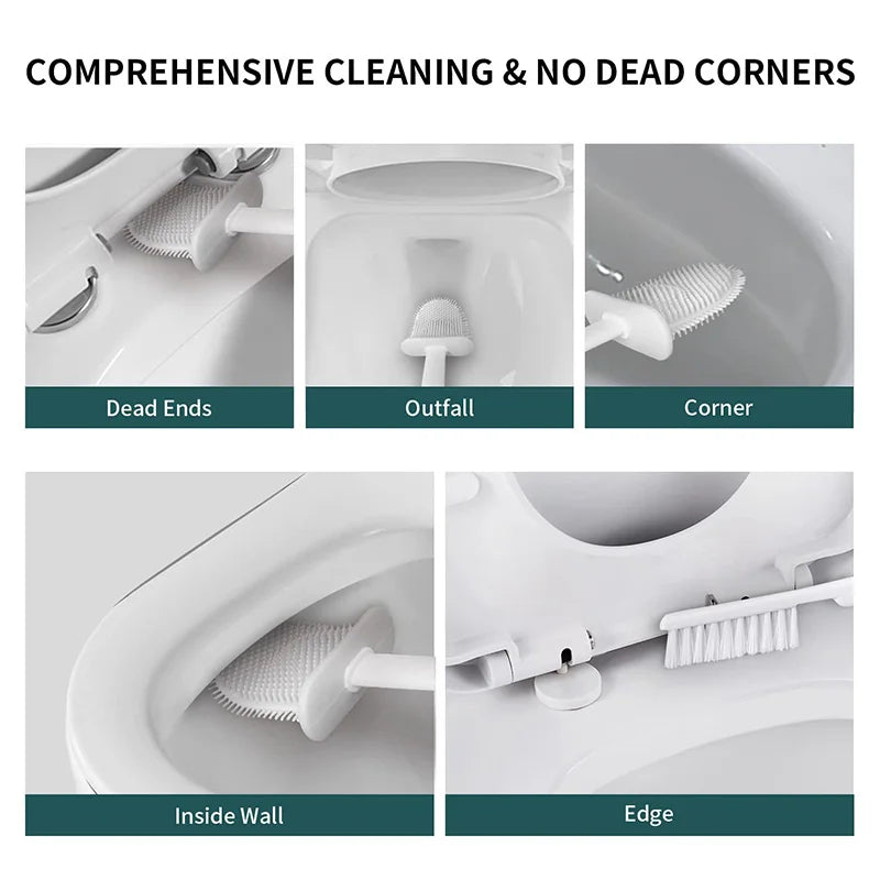 Wall Hanging Toilet Brush With Holder, Long Handle Silicone Bristles