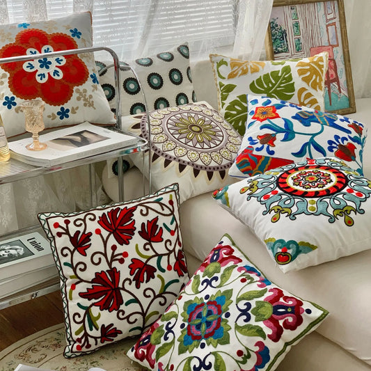Ethnic Style Floral Embroidered Cotton Pillow Cover