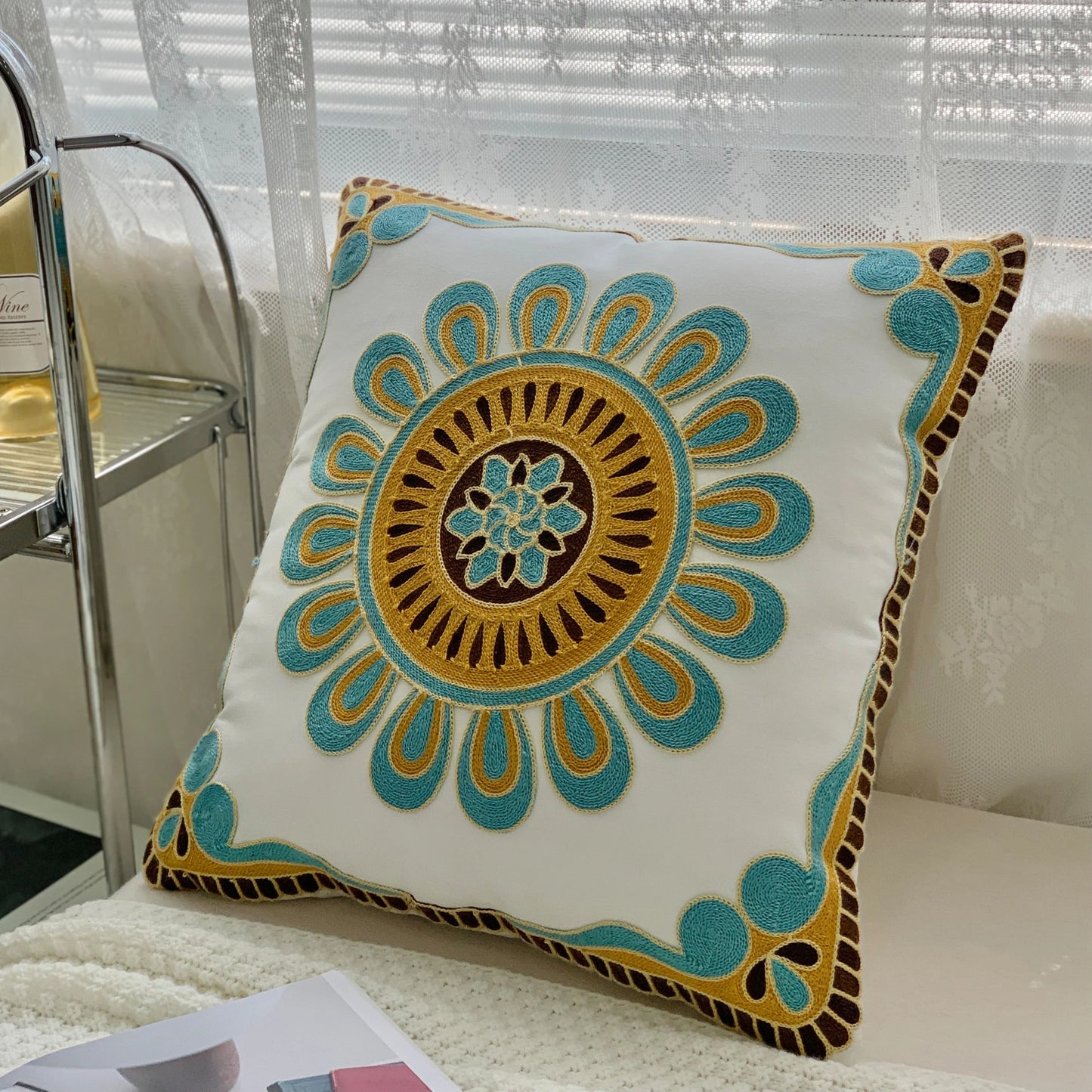 Ethnic Style Floral Embroidered Cotton Pillow Cover