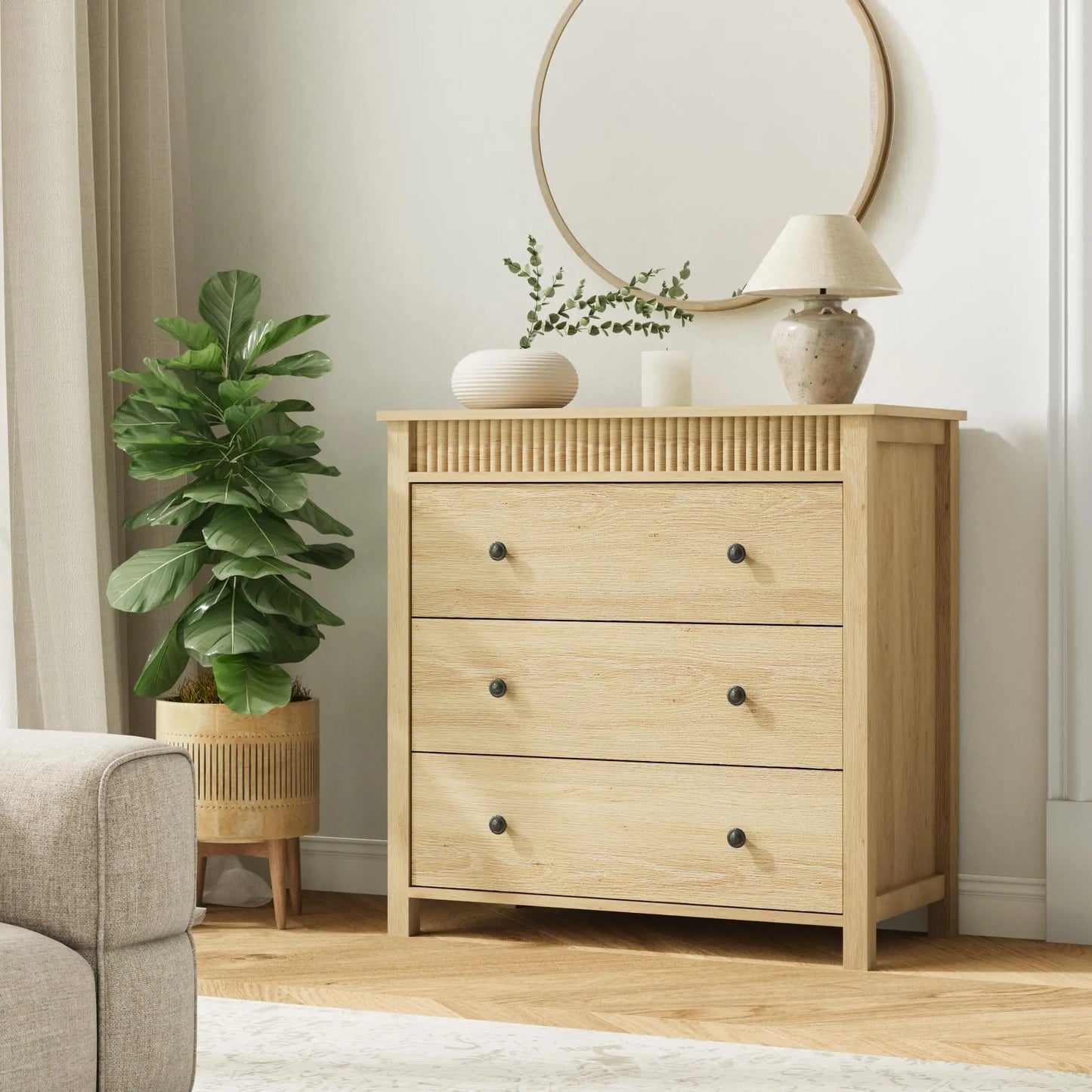 31.5 Inch Fluted Nightstand With 3 Drawers, Natural Oak Finish Wood Bedside Table, Large Modern End Table For Bedroom Storage