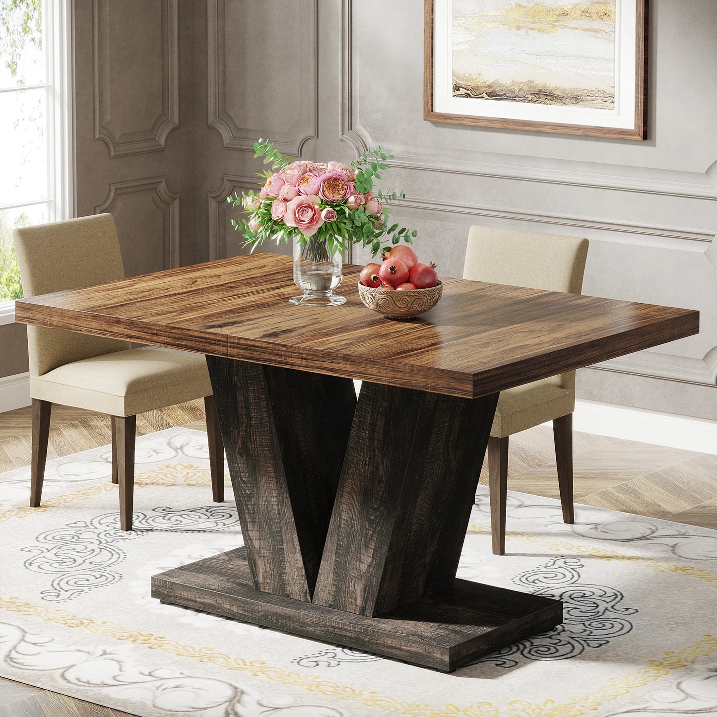 Tribesigns Farmhouse Wooden Dining Table With Heavy Duty Pedestal Kitchen, No Chairs