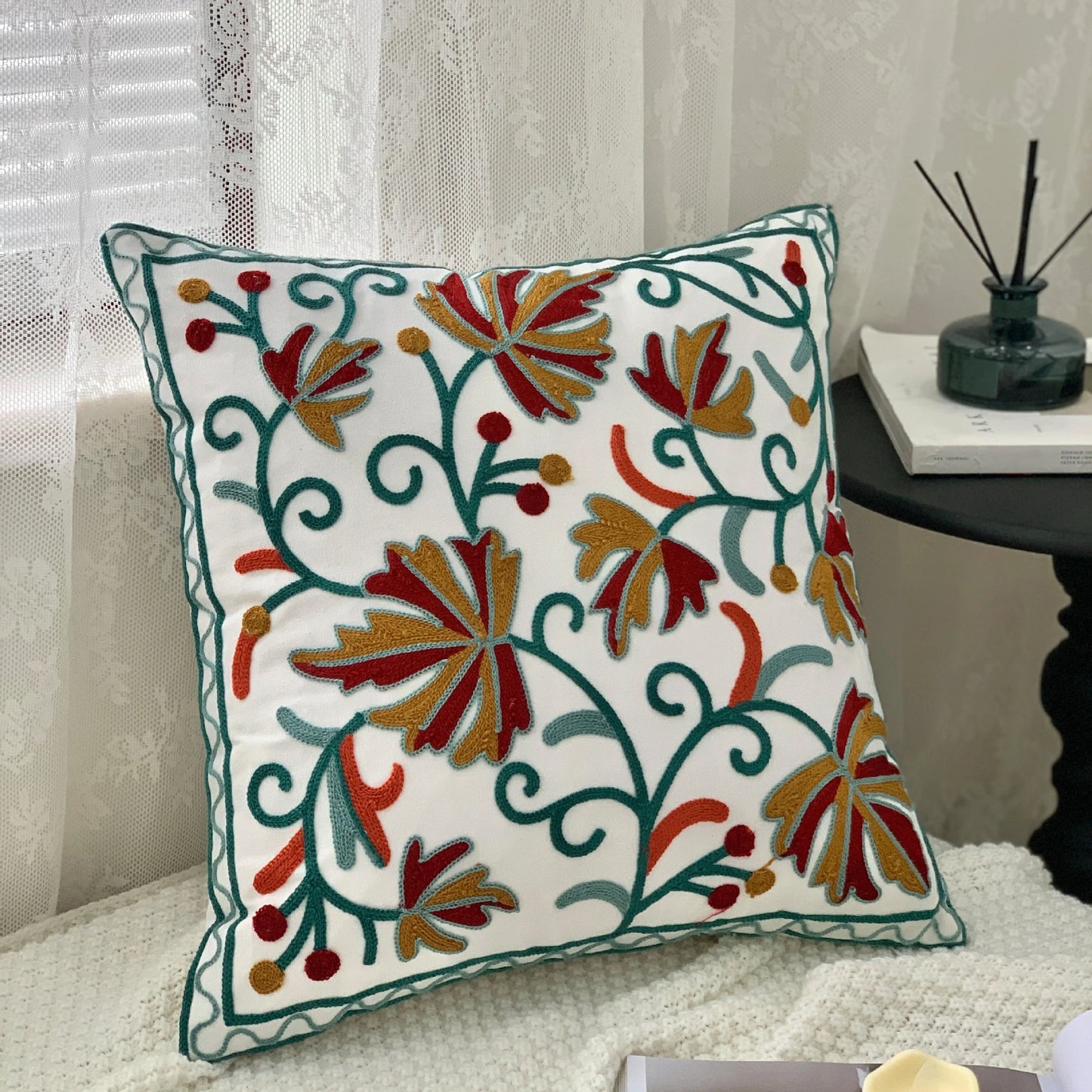 Ethnic Style Floral Embroidered Cotton Pillow Cover
