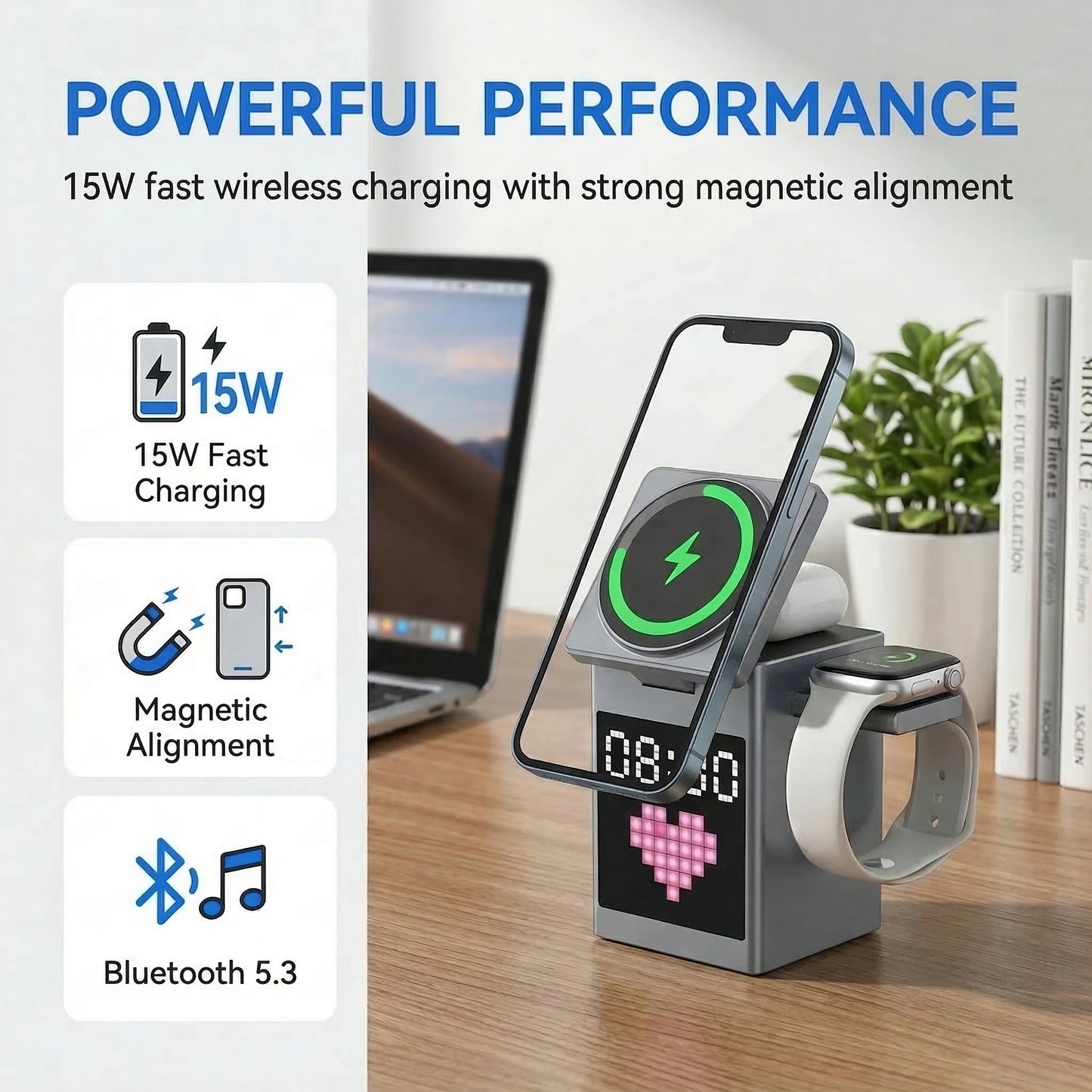 6 In 1 RGB Pixel Wireless Charger Alarm Clock Speaker