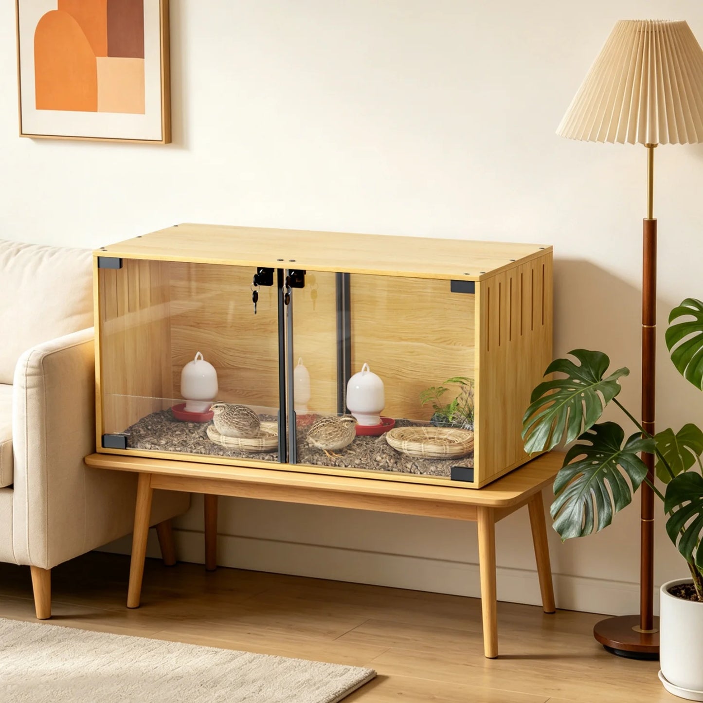 Wooden Small Animal Cage With Tempered Glass For Hamsters Mice