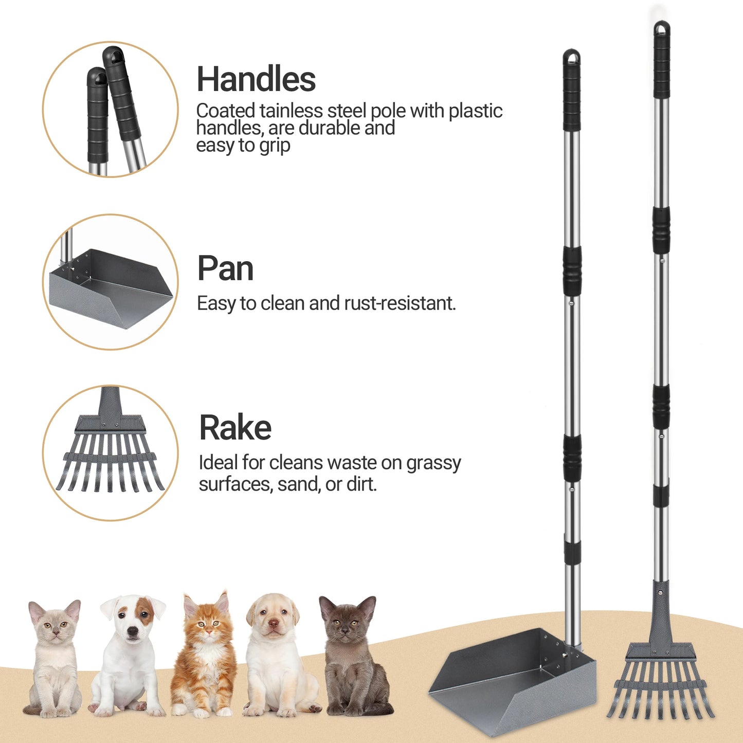 Dog Pooper Scooper Tray And Rake Set With Stainless Handles