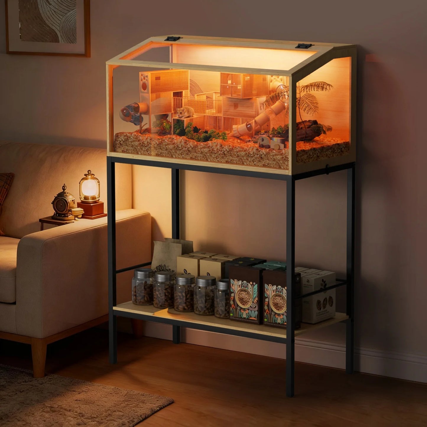 Wooden Hamster Guinea Pig Cage Tempered Glass Led Light Habitat