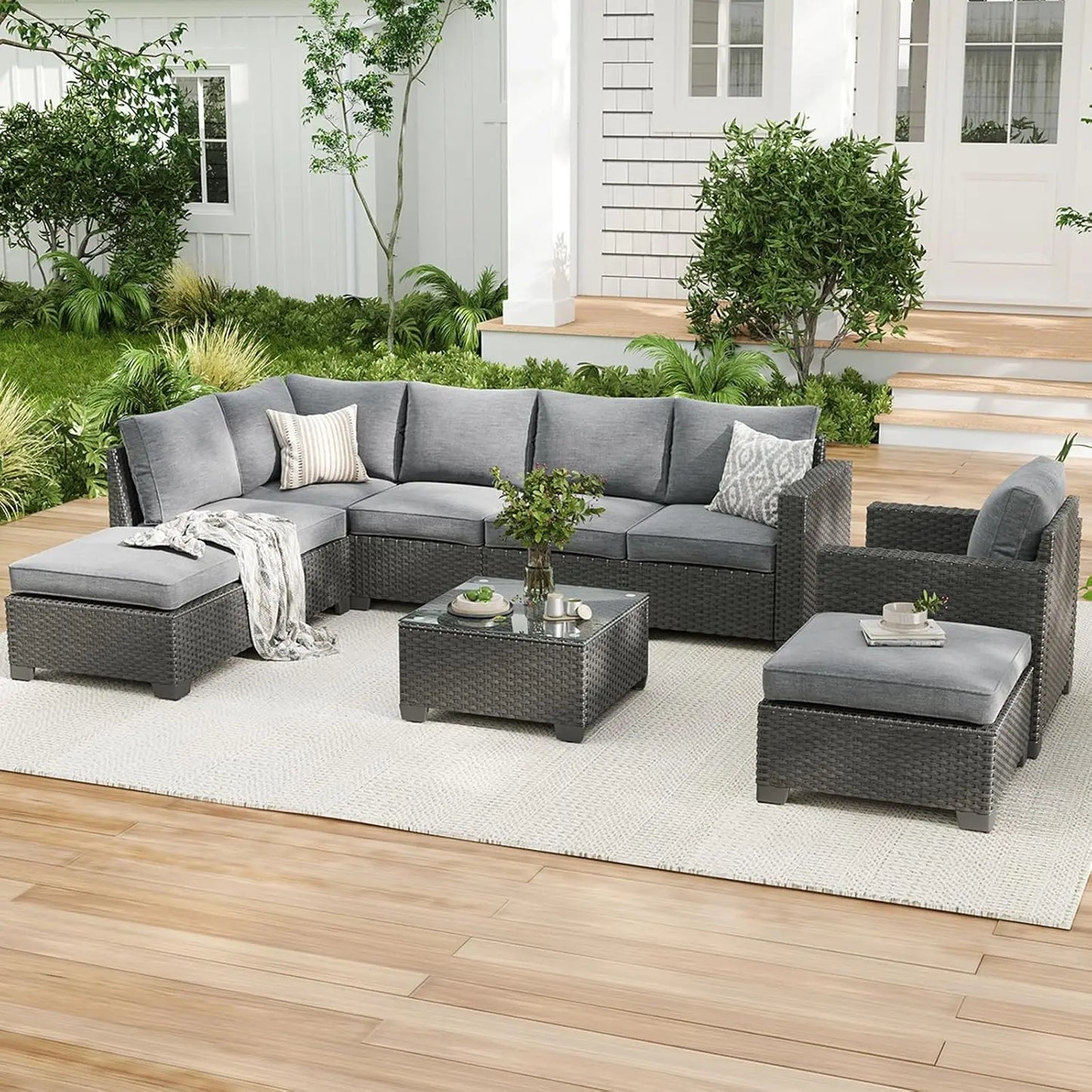 Rattan Patio Sectional Sofa Set With Ottoman Water Resistant Fabric