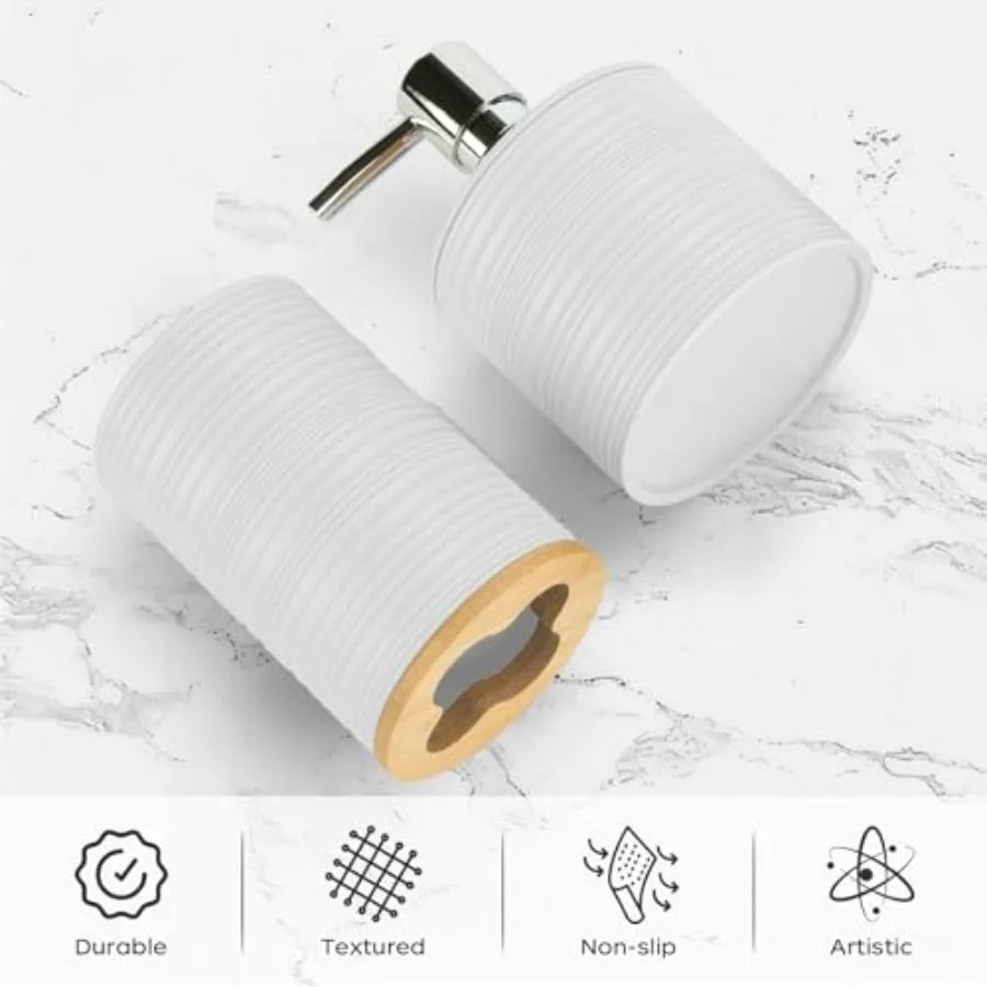 Bohemian Bamboo Bathroom Accessories Set Soap Dispenser And Toothbrush Holder