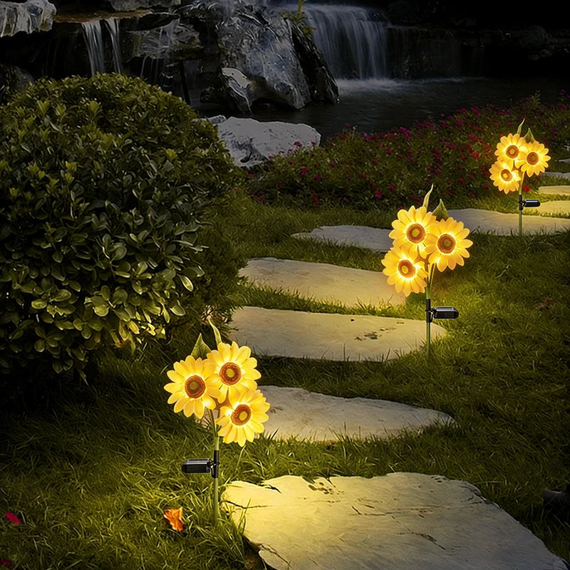 FAMCDC Solar Powered Sunflower 3 Head Ground Lamp for Garden