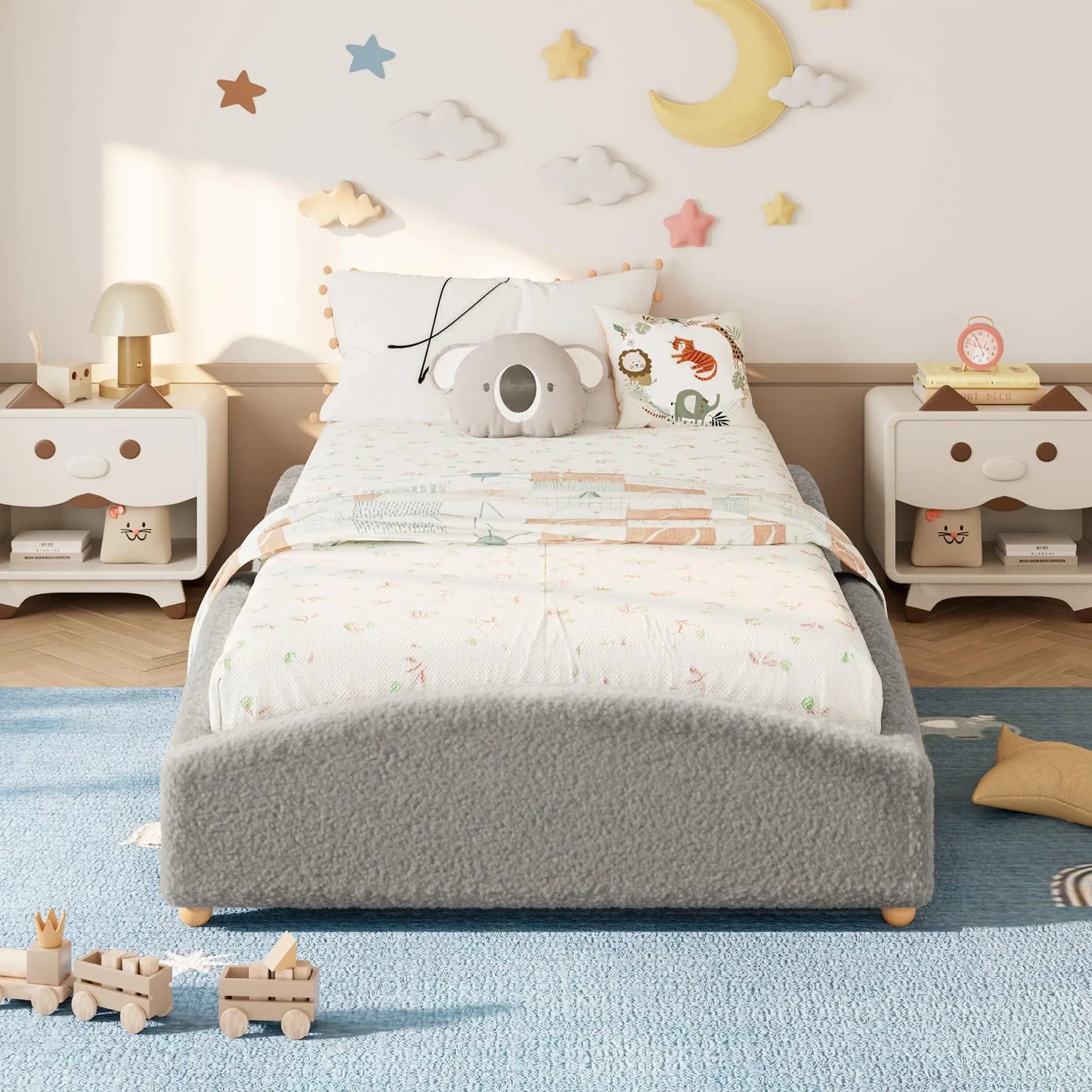 Twin Kids Floor Bed With Raised Sides, Teddy Fabric Upholstered Cloud Daybed, Montessori Platform Bed Frame With Wood Slats, No Box Spring