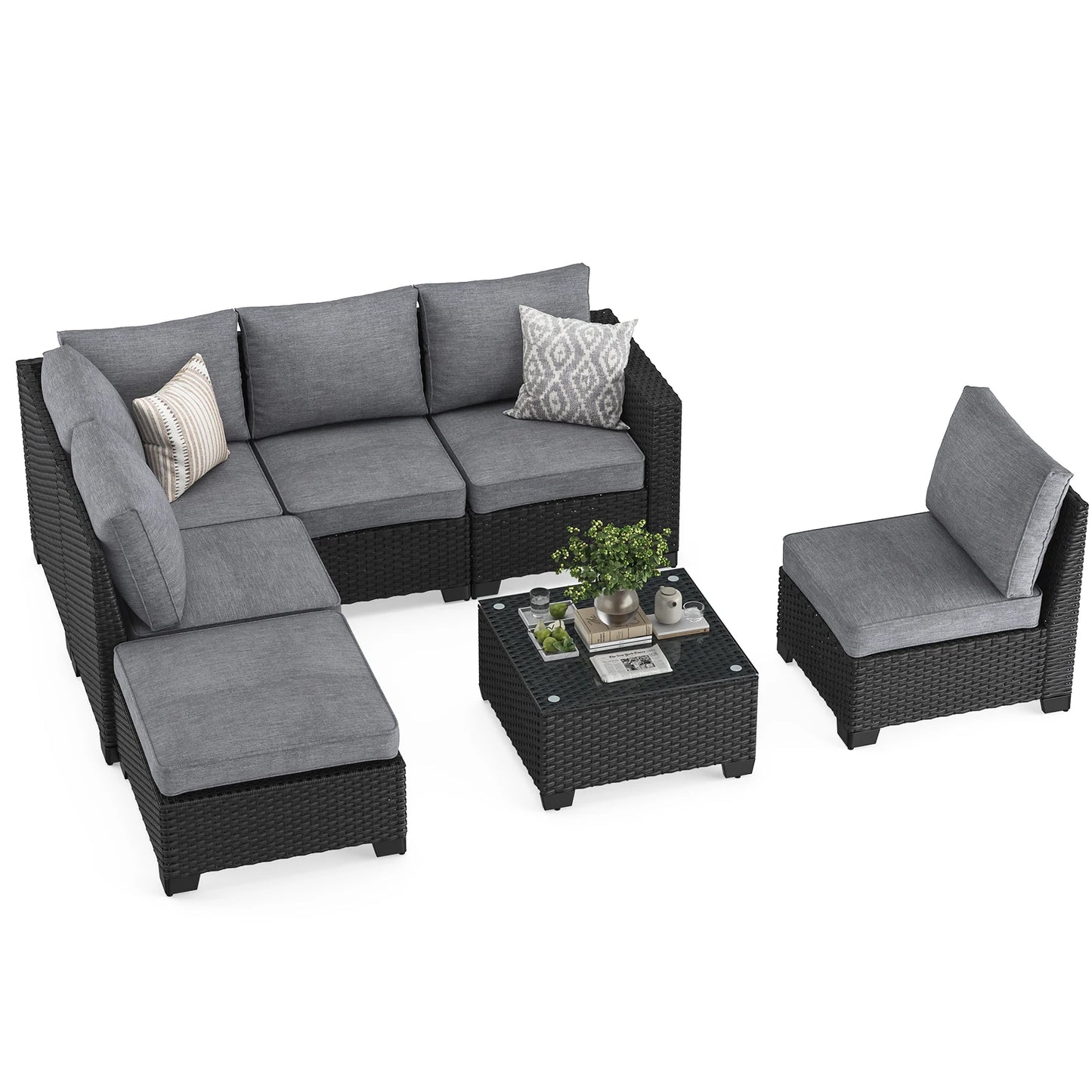Rattan Patio Sectional Sofa Set With Ottoman Water Resistant Fabric
