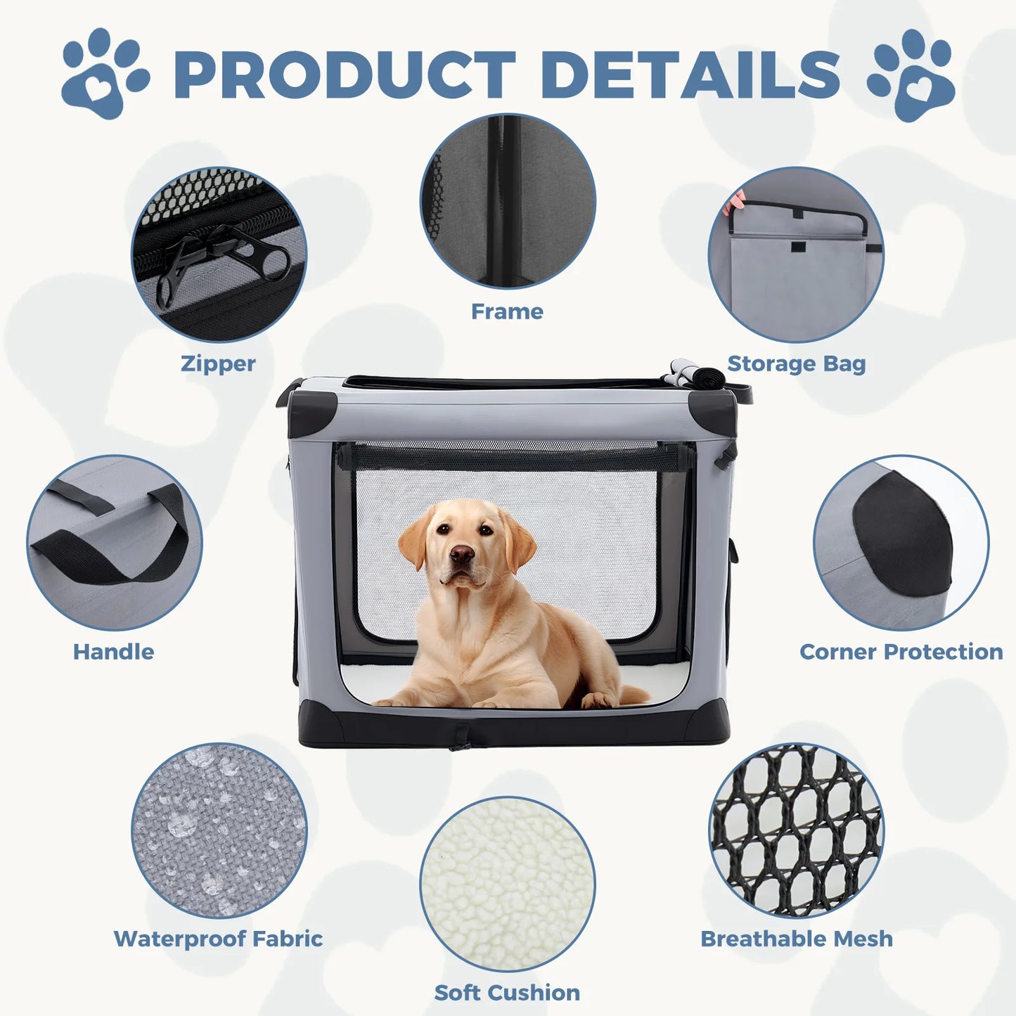 JHK Foldable Soft Dog Crate With Three Doors Indoor