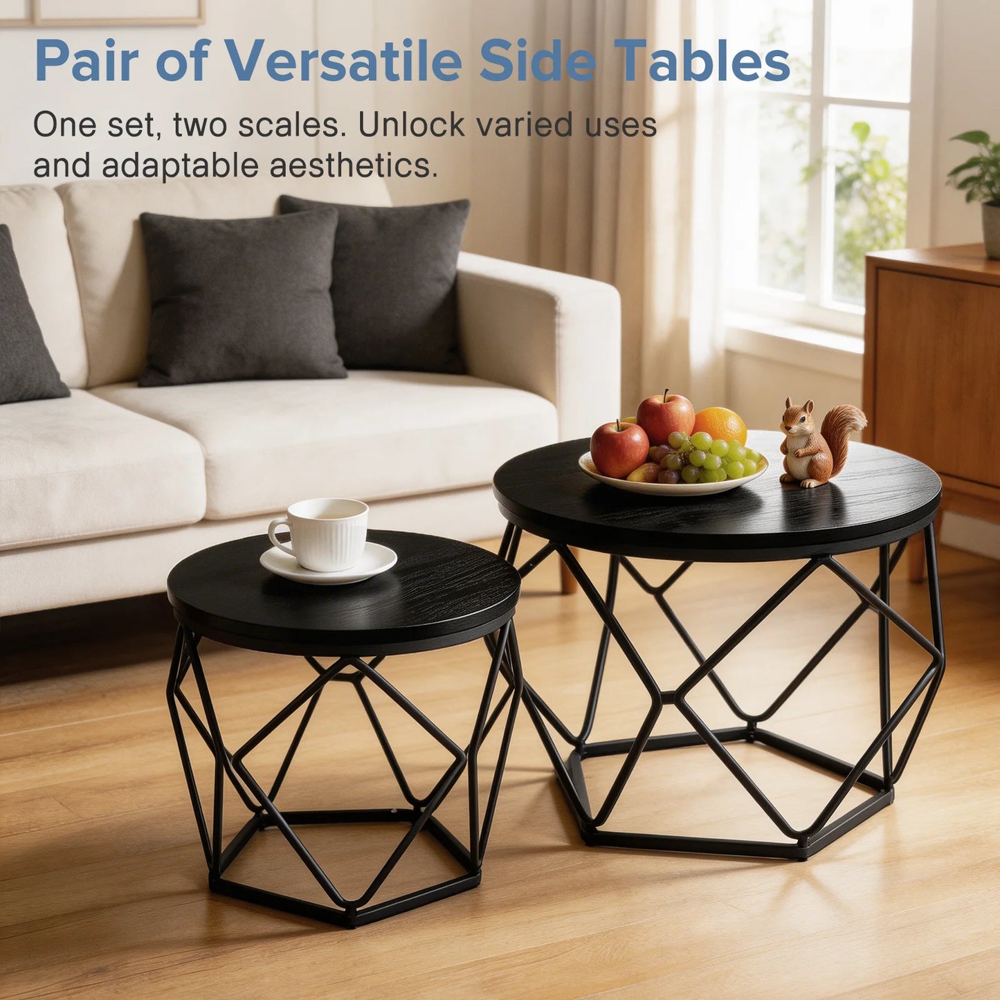 JHK Round Nesting Coffee Tables Metal Frame Storage Living Room