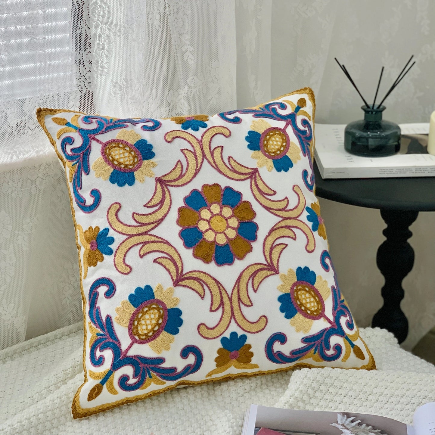 Ethnic Style Floral Embroidered Cotton Pillow Cover