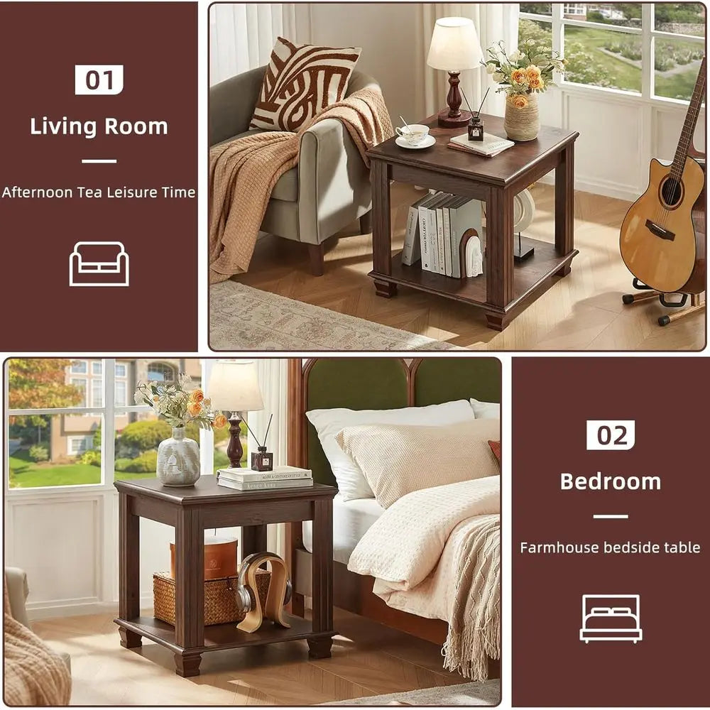 Armhouse Two-Tier End Tables Set Square Living Room Side Tables