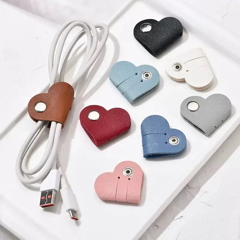 PU Leather Cable Organizer Heart Shaped Clip For Cables