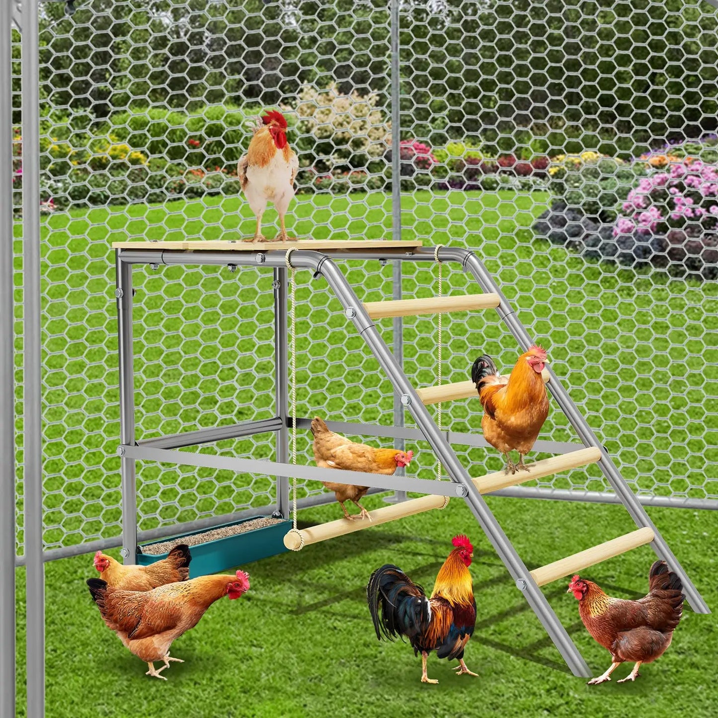 HiMISS Multi-Tier Chicken Roost Perch With Wooden Rungs Galvanized Steel