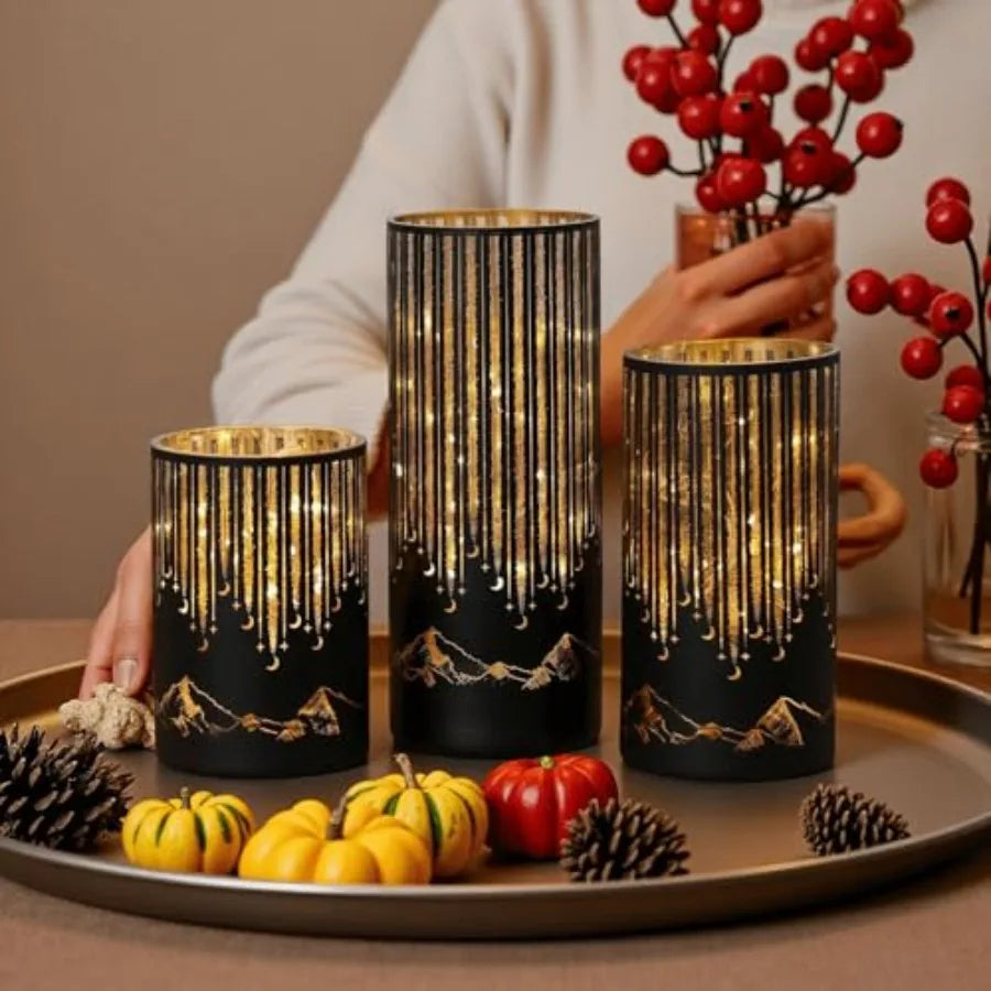 Illuminated Starry Night Hurricane Candle Holders Set 3 With LED Lights Remote