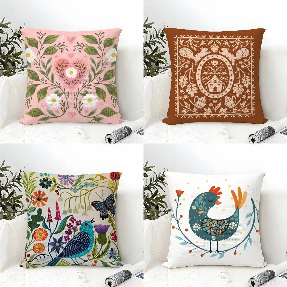 Butterfly Bird And Flower Print Pillow Case Linen Cushion Cover
