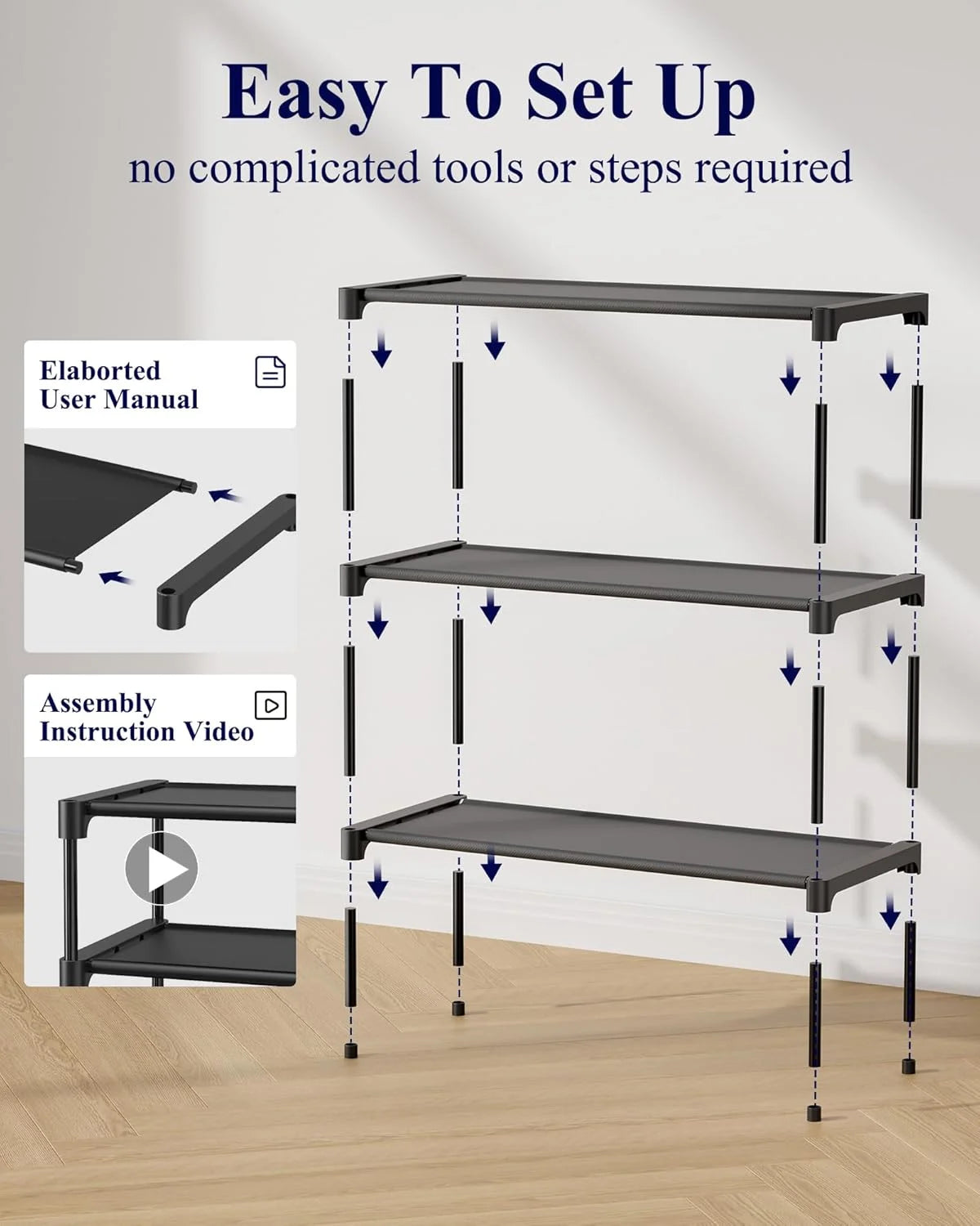 Three Tier Stackable Nonwoven Shoe Rack Organizer Space Saving