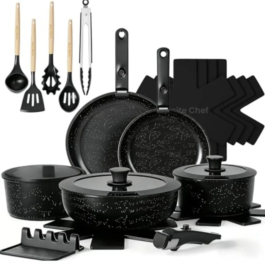 21Pcs Pots and Pans Set Non Stick, Nonstick Cookware Sets Detachable Handle, Non Toxic Induction RV Kitchen Cooking Set, Dishwa
