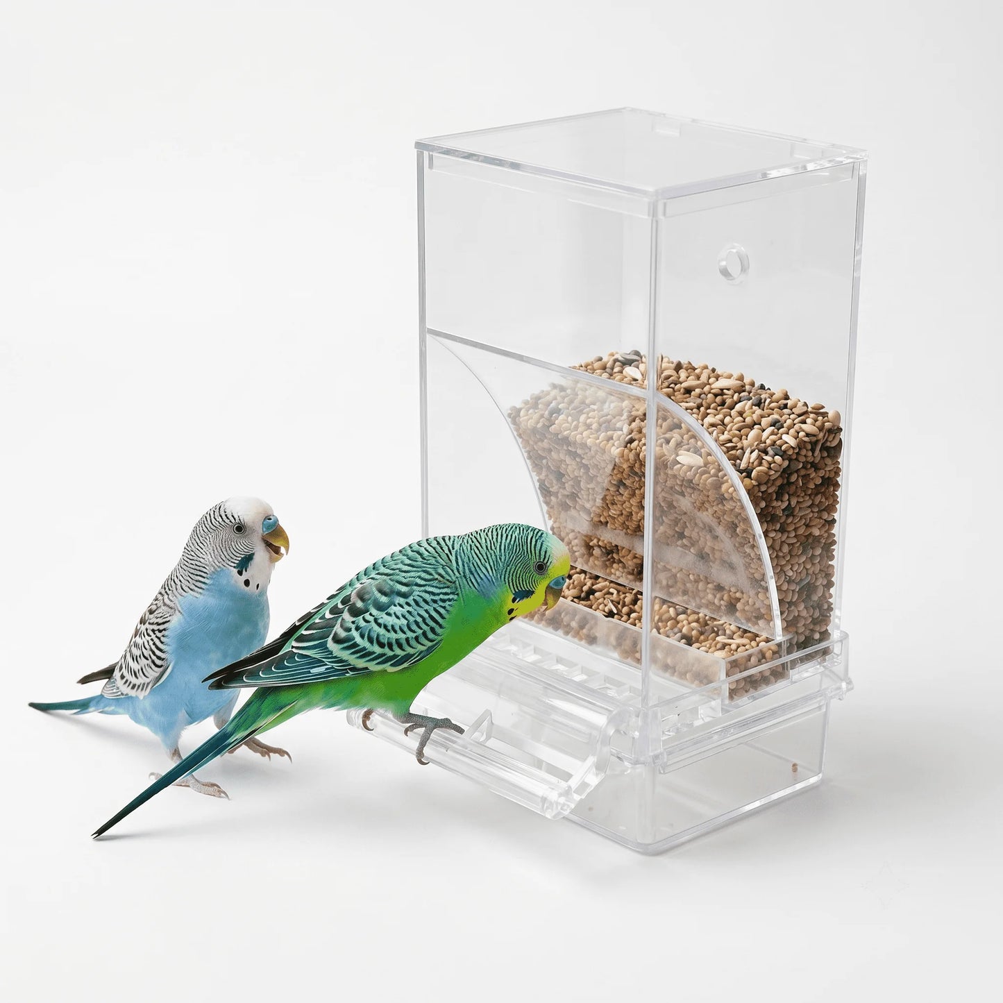No Mess Clear Acrylic Bird Feeder Seed Dispenser Spill Proof Cage Accessory