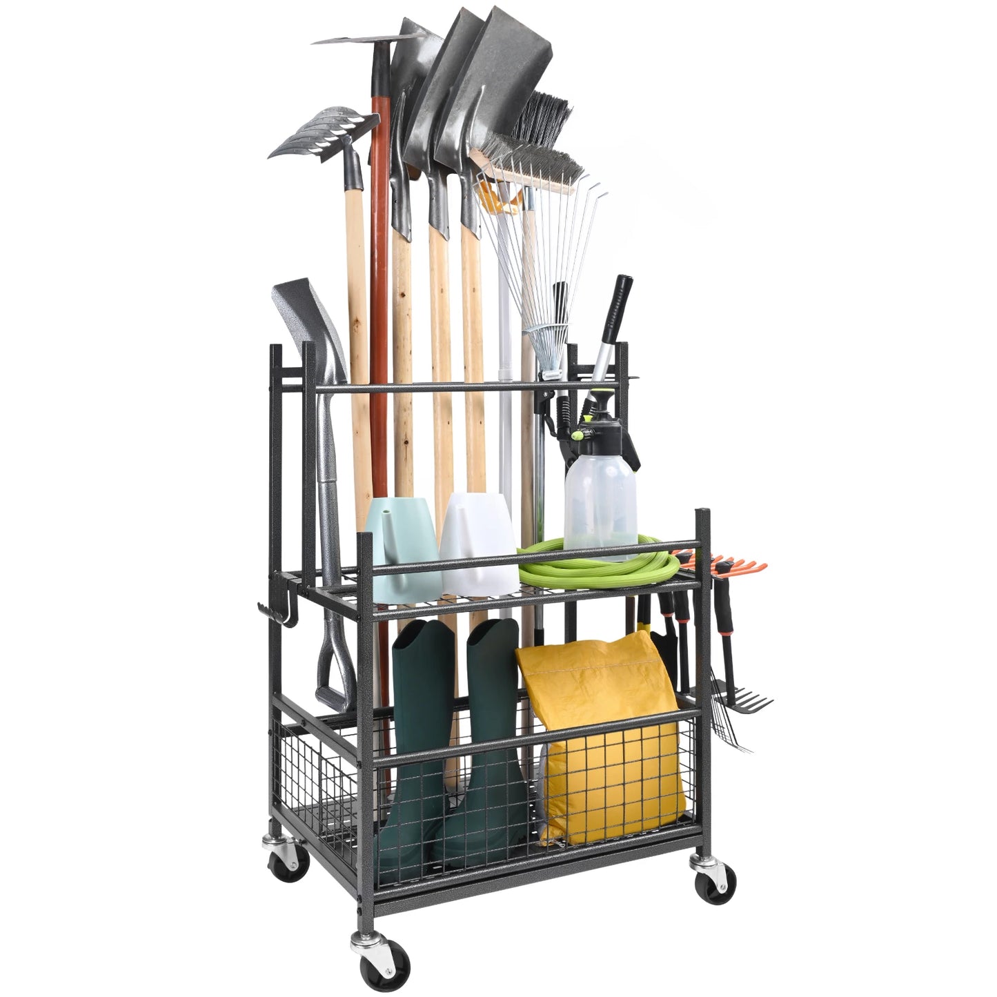 16 Slots Garden Tool Organizer Rack With Hooks And Wheels