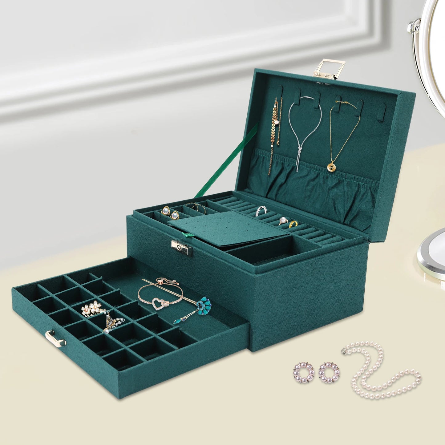 Three Tier Jewelry Box With Safe Lock Large Capacity