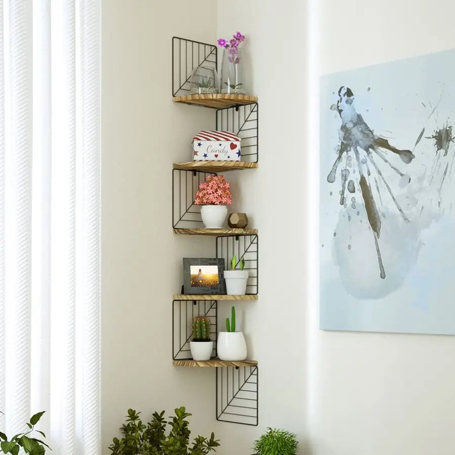 Rustic Wood Corner Wall Shelf With Zigzag Brackets