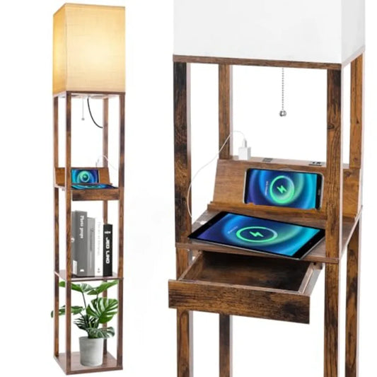Floor Lamp With Shelves And Wireless Charger USB Ports Drawer