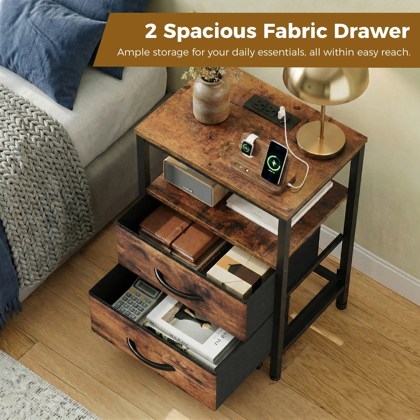JHK 2 Fabric Drawers Nightstands Set of 2 with Open Shelf Bedside Table with USB Ports Charging Station for Living Room Bedroom