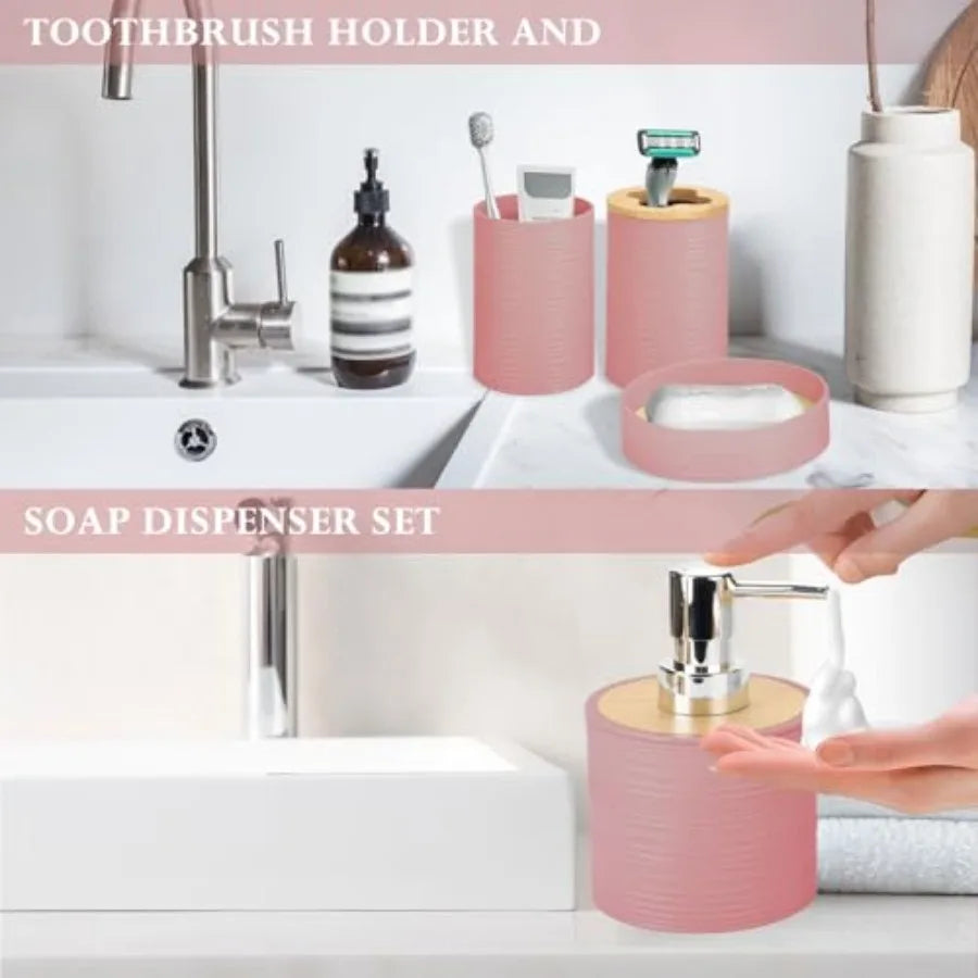 Bamboo Bathroom Accessories Set 4 Piece With Soap Dispenser