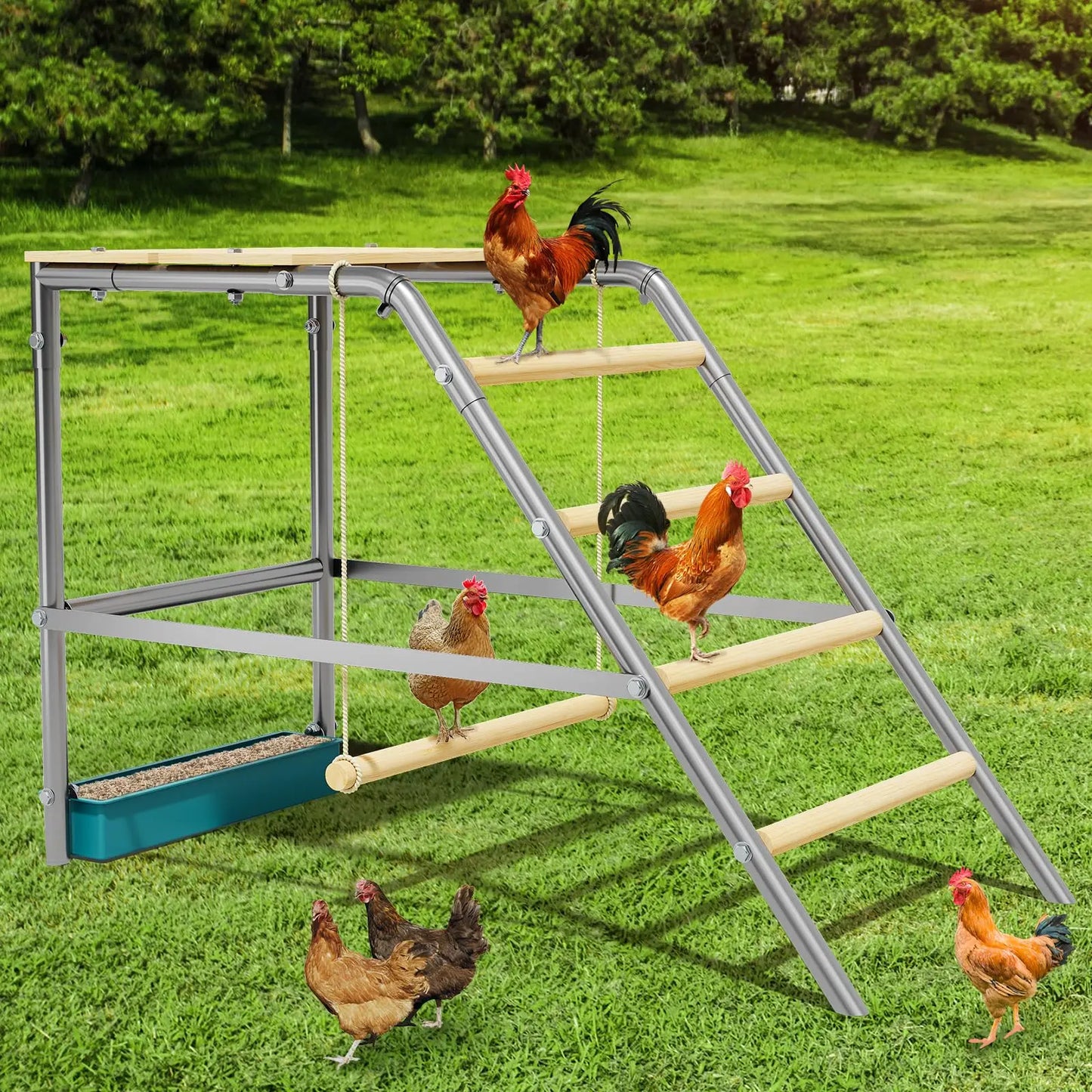 HiMISS Multi-Tier Chicken Roost Perch With Wooden Rungs Galvanized Steel
