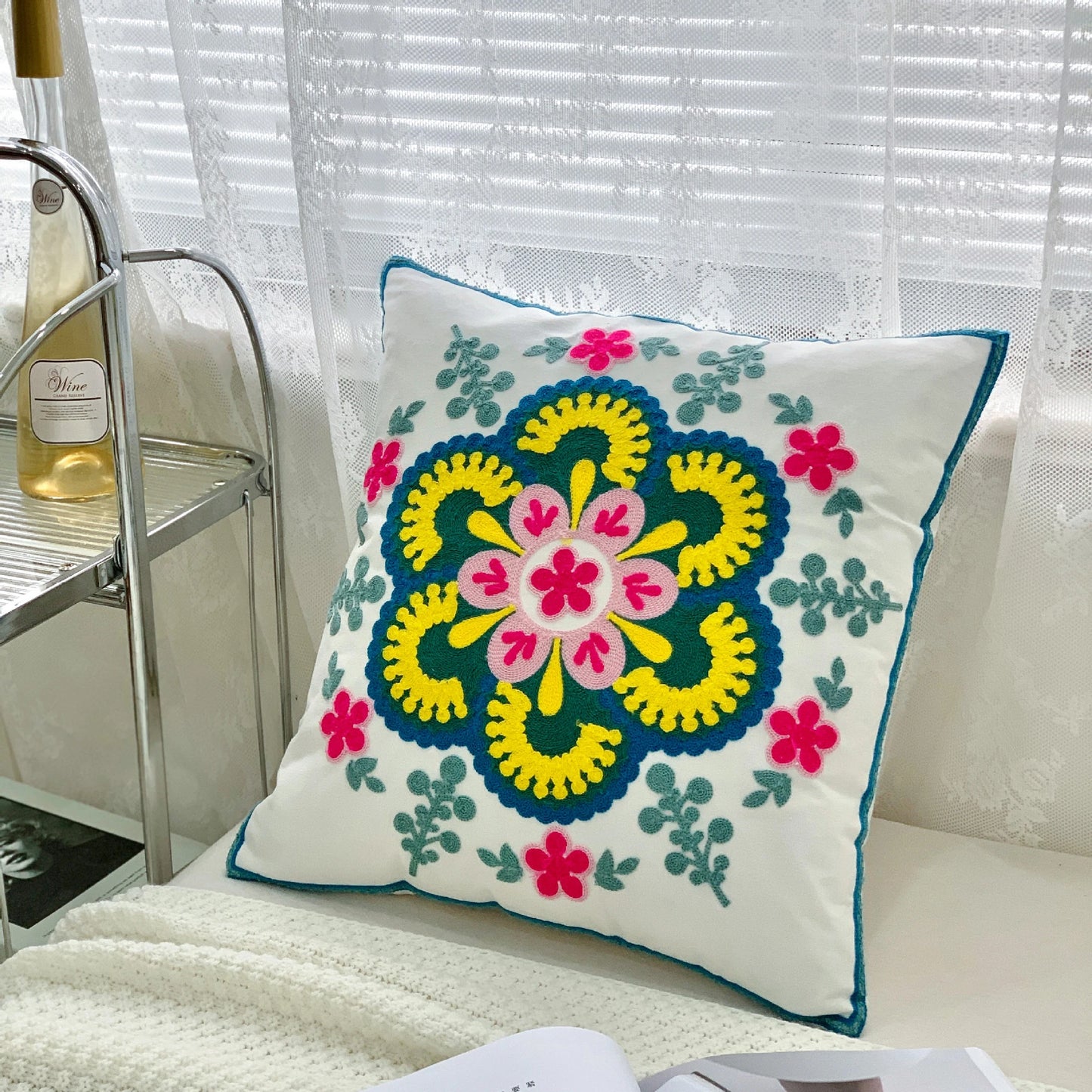 Ethnic Style Floral Embroidered Cotton Pillow Cover
