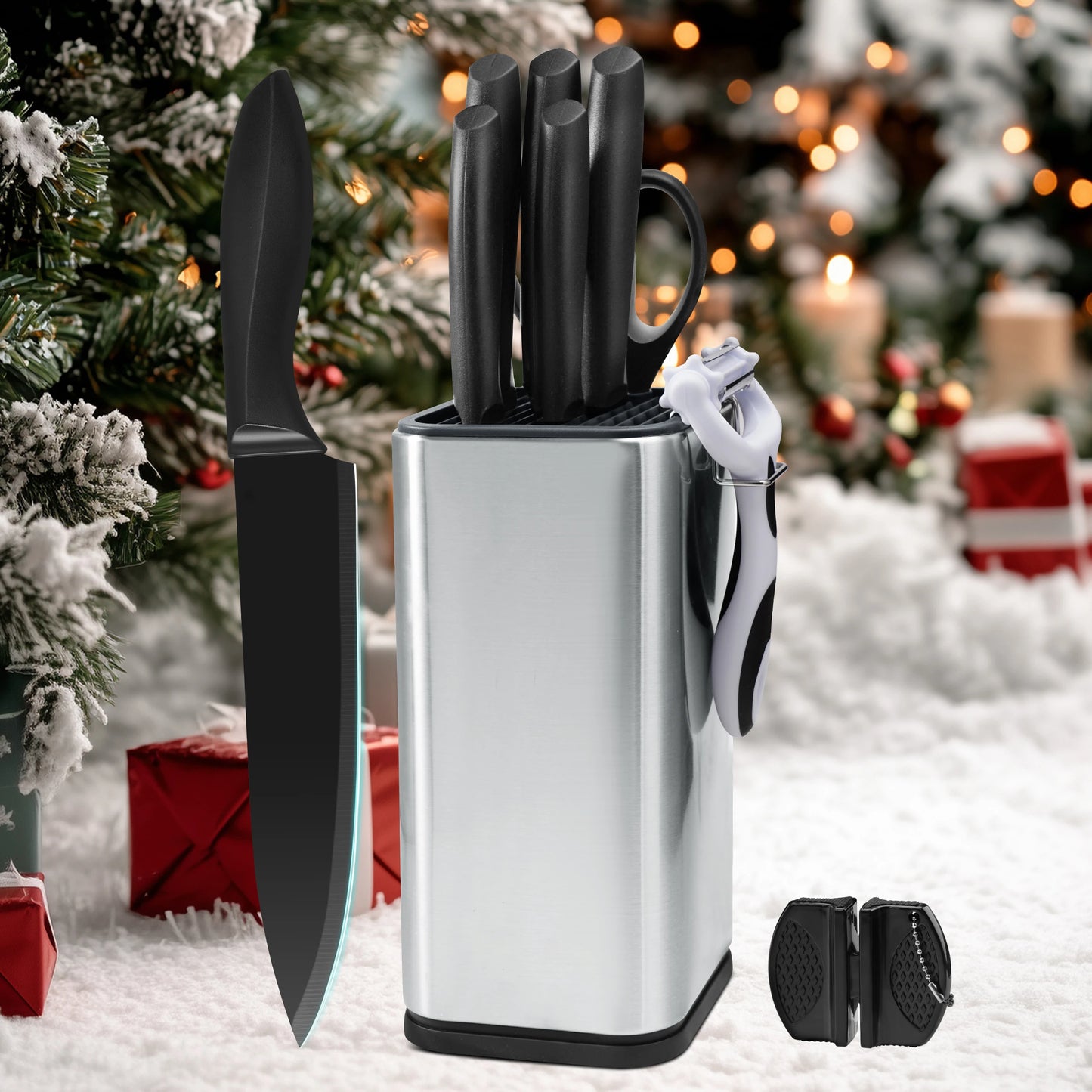 Stainless Steel Kitchen Knife Set With Universal Knife Block