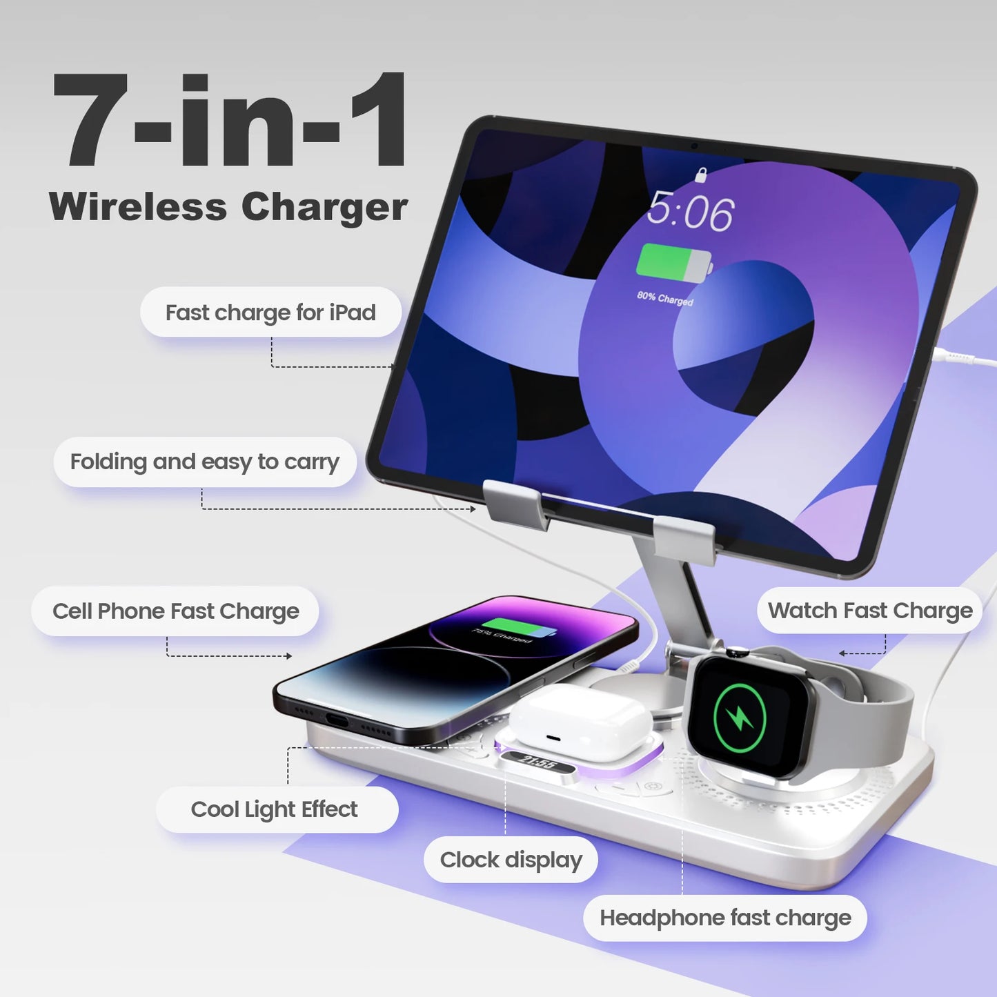 7 In 1 Wireless Charger Station 15W Foldable Alarm Clock