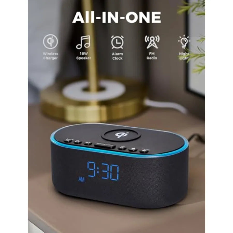 Wireless Charging Alarm Clock Radio With Qi Fast Charger 10W Dimmable Speaker