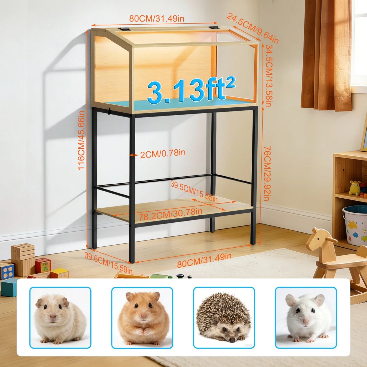 Wooden Hamster Guinea Pig Cage Tempered Glass Led Light Habitat
