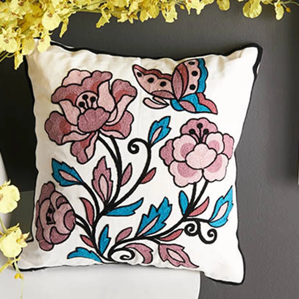 Ethnic Style Floral Embroidered Cotton Pillow Cover