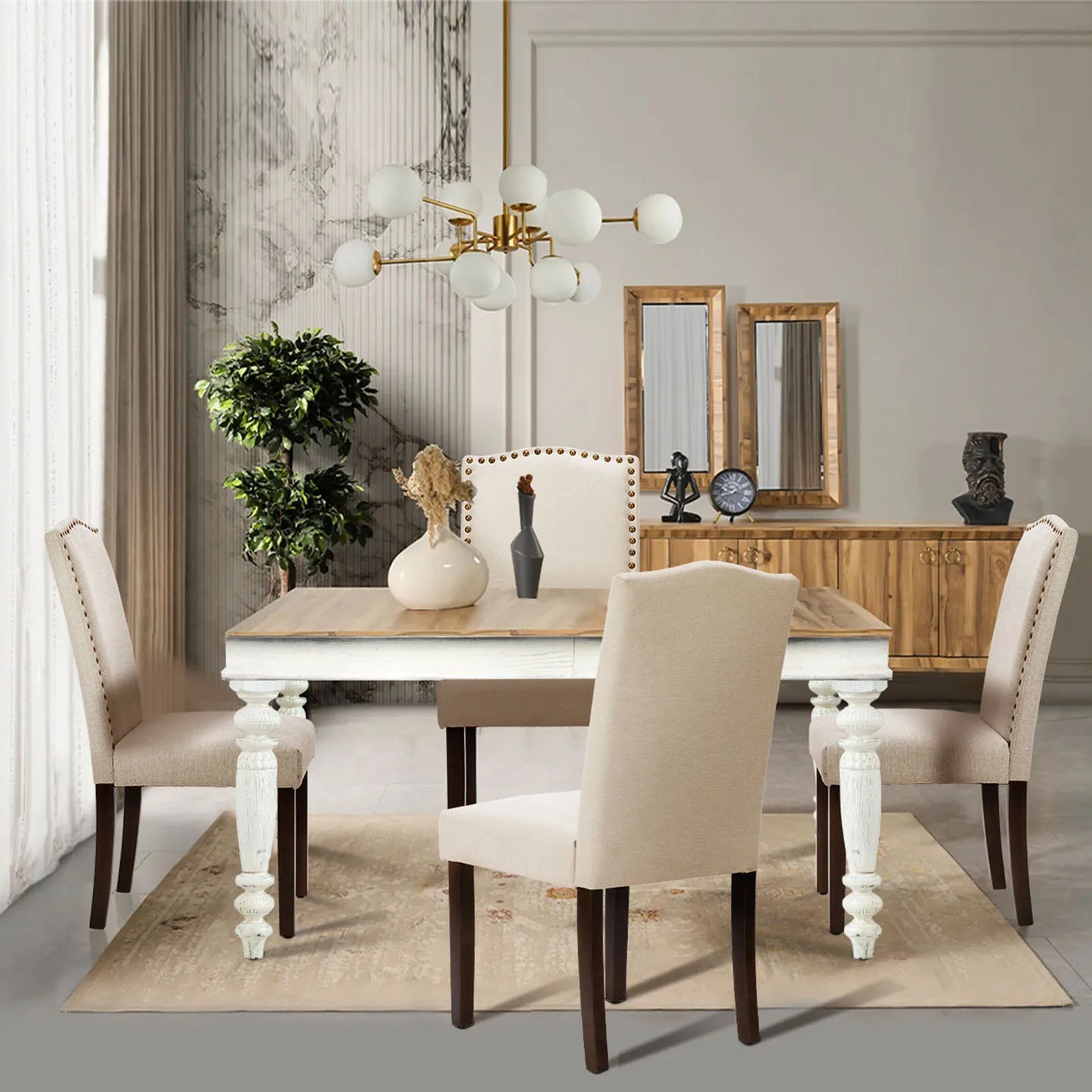 MCQ Farmhouse Fabric Dining Chairs Set With Wooden Legs