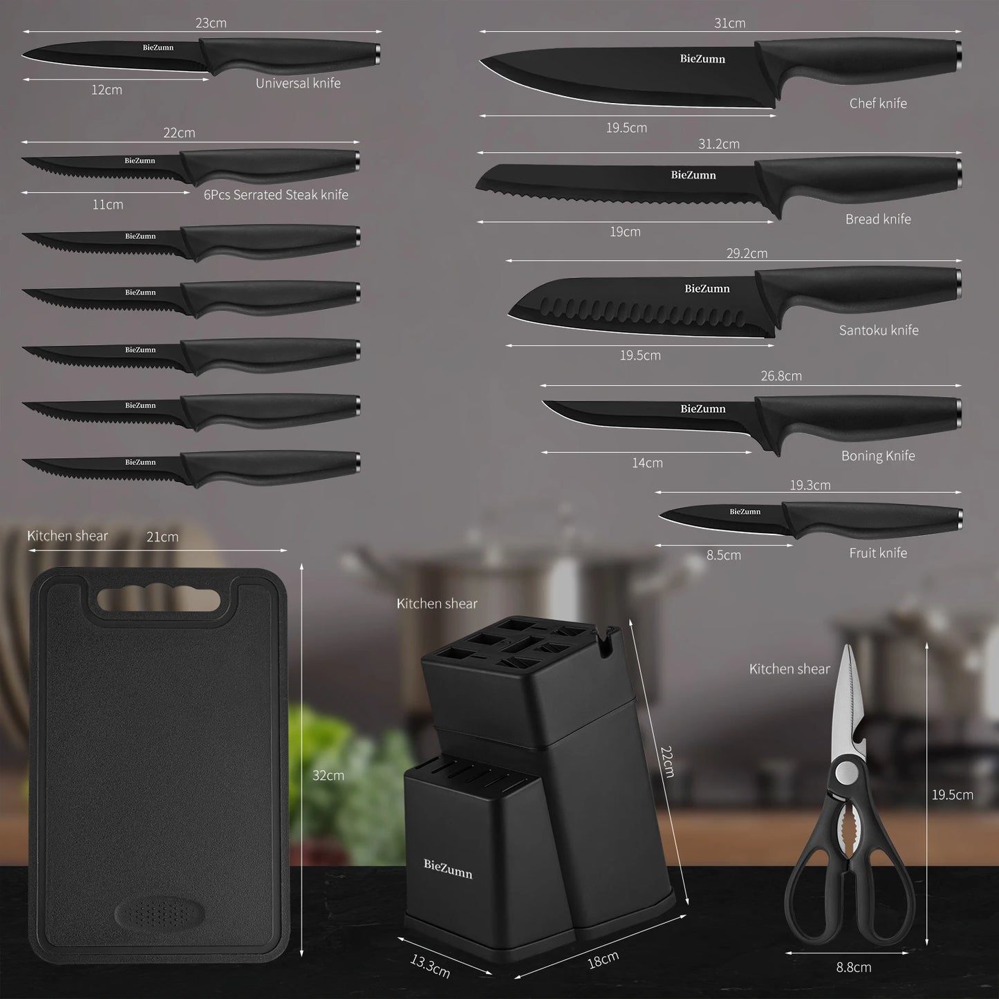 Professional Stainless Steel Kitchen Knife Set With Block And Scissors