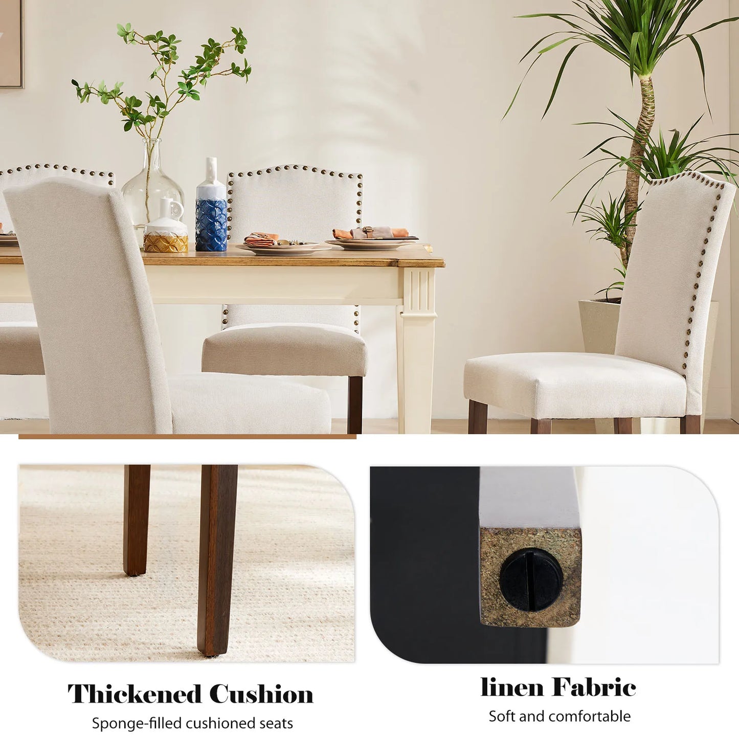 MCQ Farmhouse Fabric Dining Chairs Set With Wooden Legs