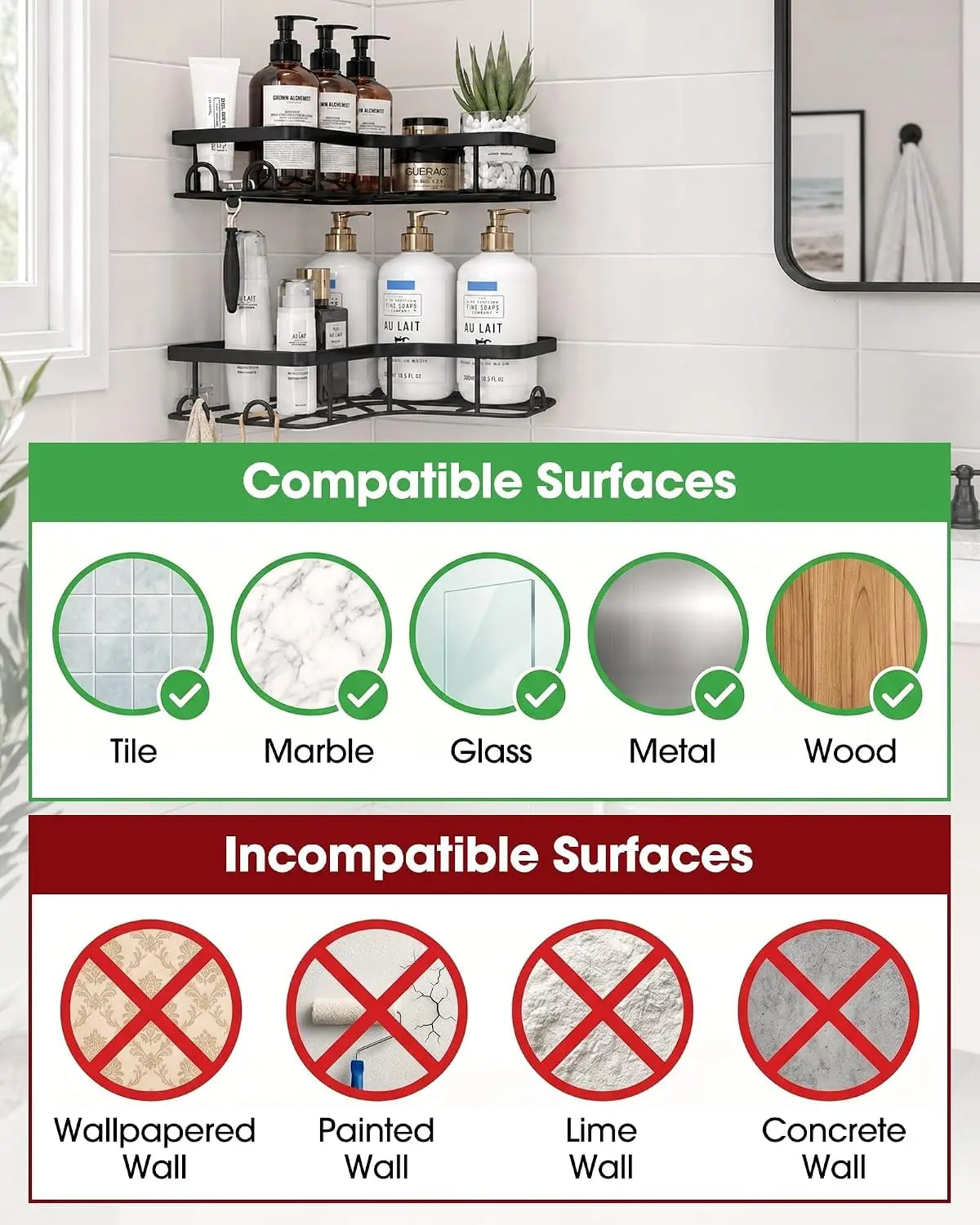 Corner Shower Caddy 2 Pack Adhesive Stainless Steel Shelves