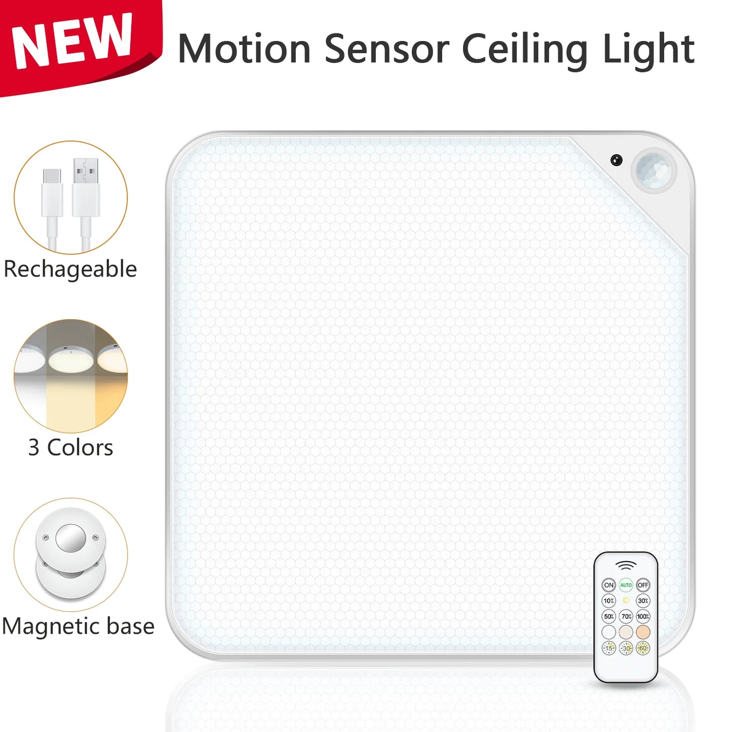 Willed 8W Rechargeable Motion Sensor Ceiling Light With Remote 5000mAh