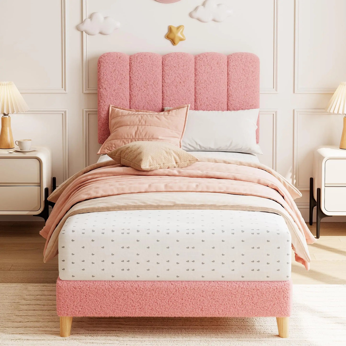 Twin Bed Frame, Upholstered Platform Bed with Wave Headboard for Girls/Kids, Easy Assembly, Wooden Slats Support, No Box Spring Needed