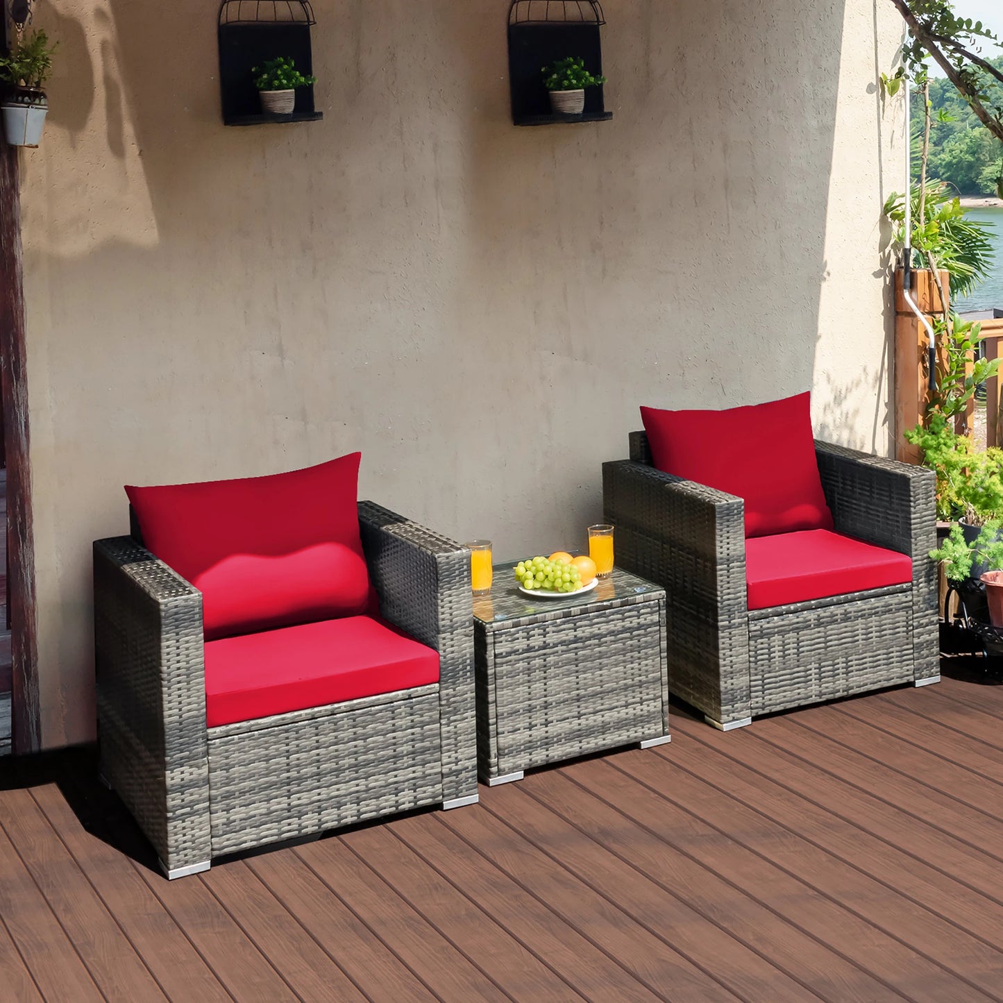 HOMASIS 3-Piece Outdoor Patio Rattan Bistro Set Cushioned Seating