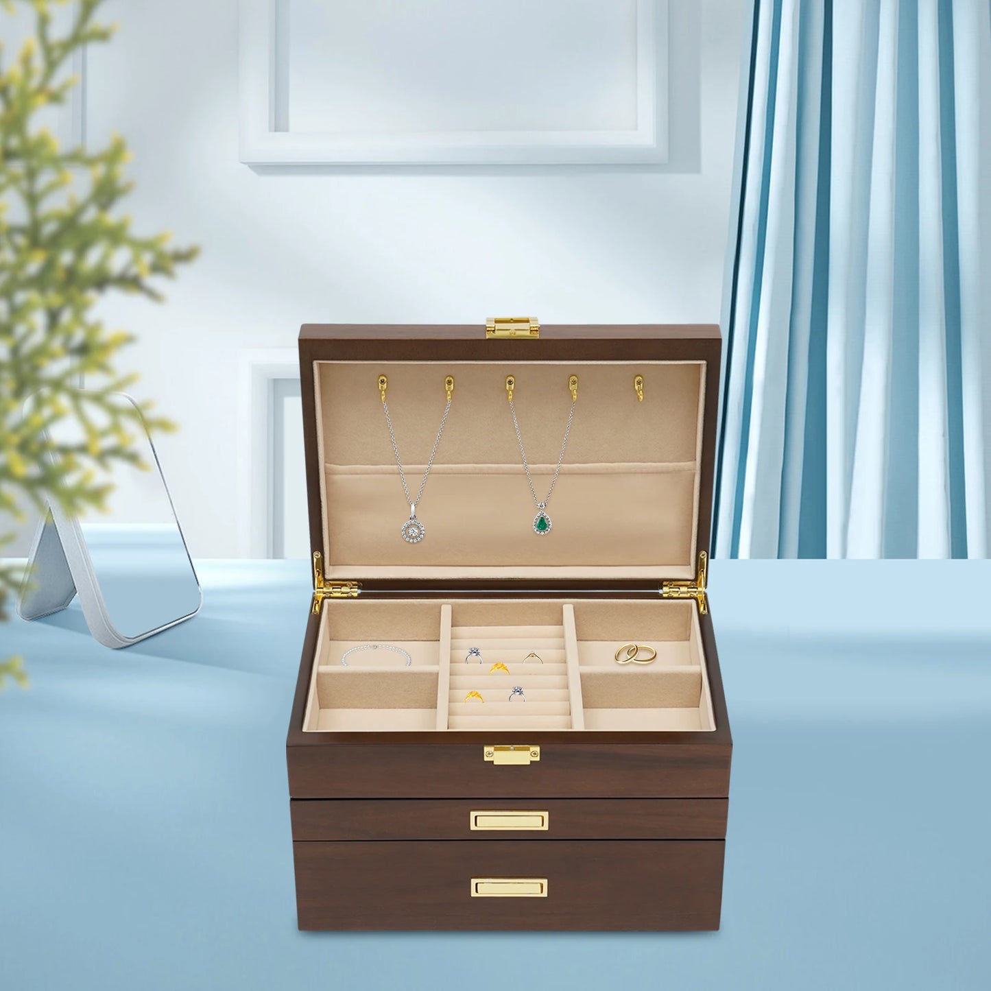 Elegant Wooden Jewelry And Watch Display Case Organizer