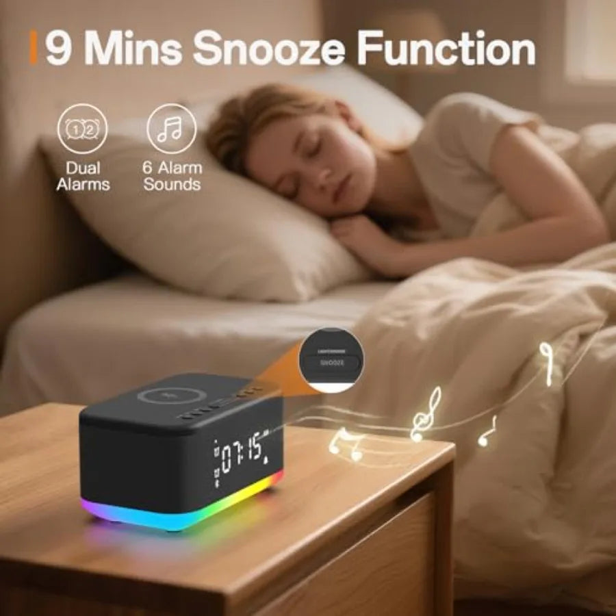 Wireless Charging Alarm Clock With Bluetooth Speaker And Night Light