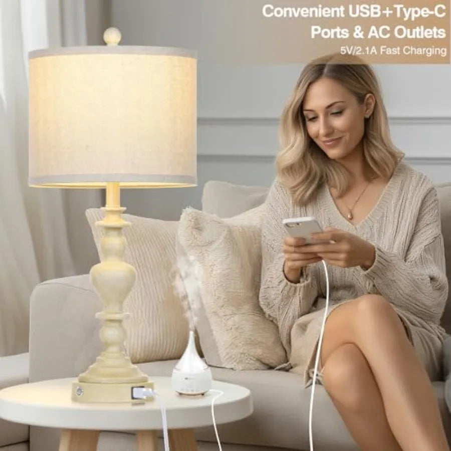 Farmhouse Table Lamps Set of 2 With USB A and C Ports