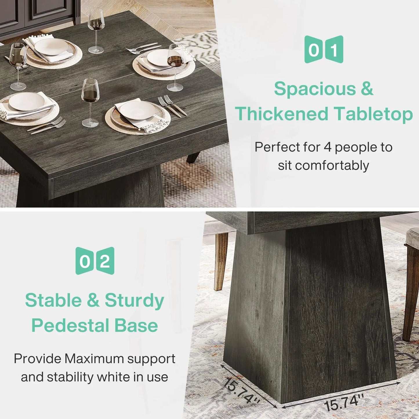 Tribesigns Square Wooden Dining Table With Sturdy Base Modern Farmhouse, No Chairs